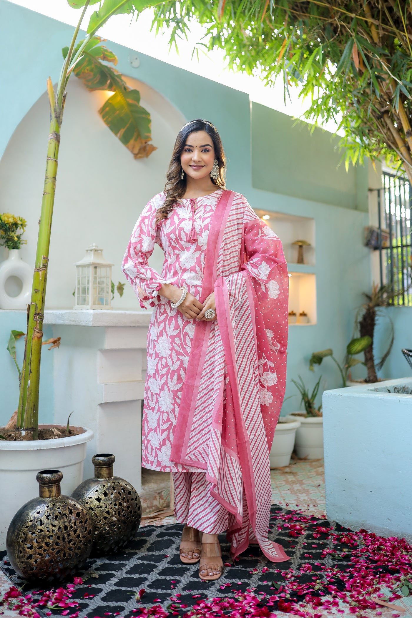 Three-Piece Pink Katha Work Cotton Kurta Set with Dupatta