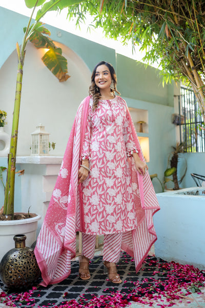 Three-Piece Pink Katha Work Cotton Kurta Set with Dupatta