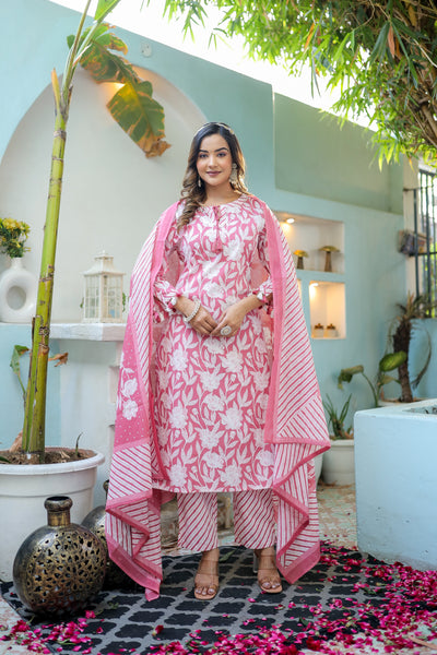 Three-Piece Pink Katha Work Cotton Kurta Set with Dupatta