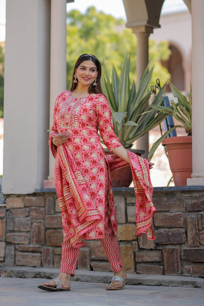 Orange Embroidered Muslin Suit Set