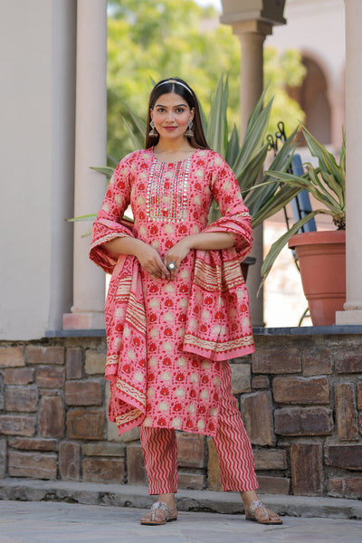 Orange Embroidered Muslin Suit Set