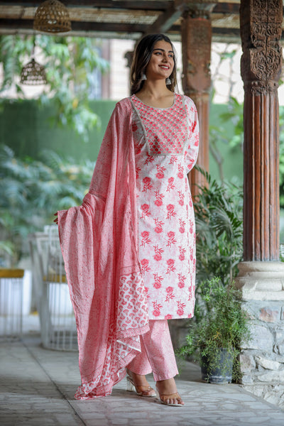 Peach Embroidered Cotton Suit Set