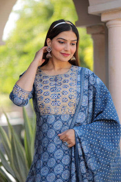 Blue Embroidered Muslin Suit Set