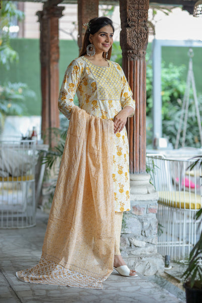 Yellow Embroidered Cotton Suit Set