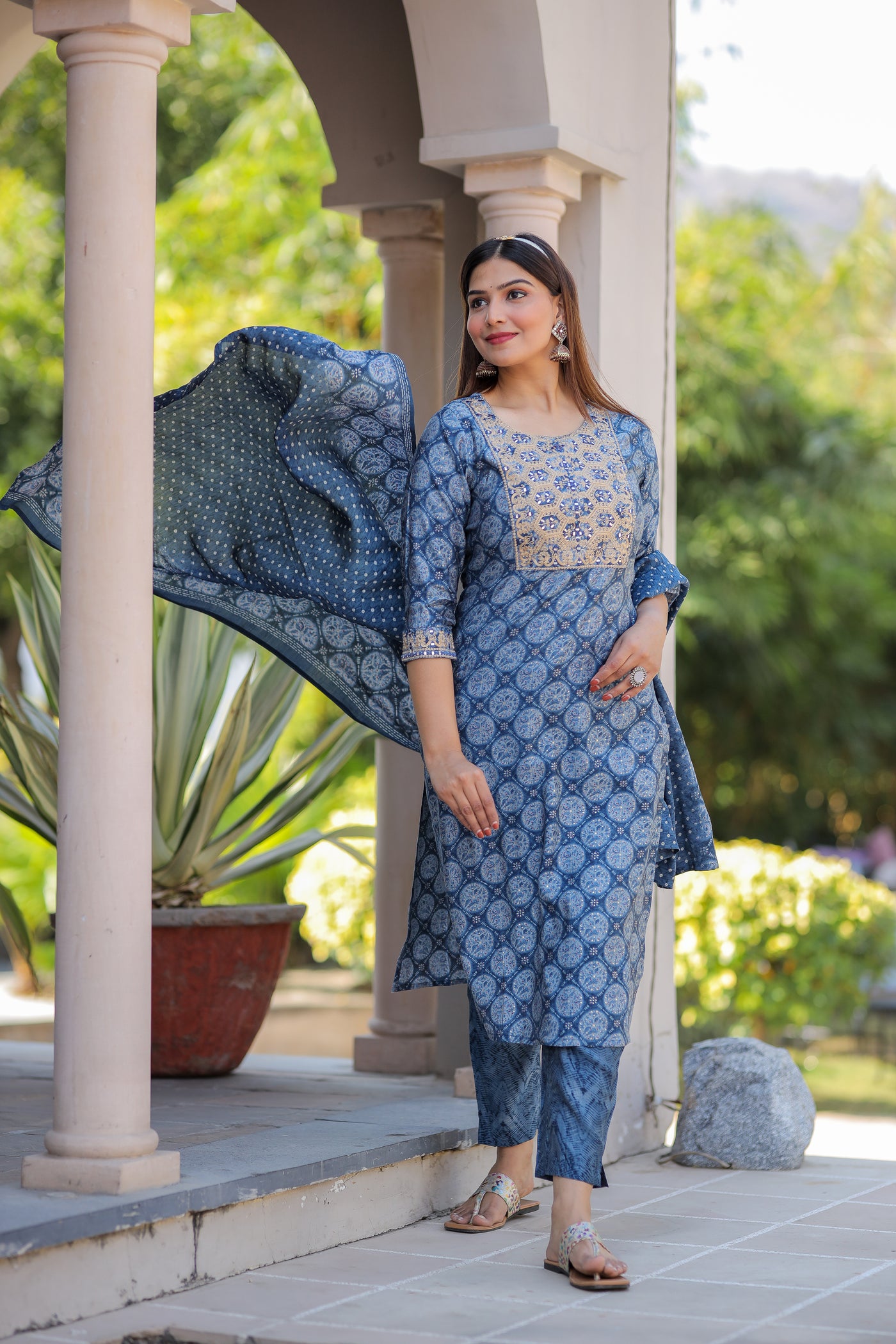 Blue Embroidered Muslin Suit Set