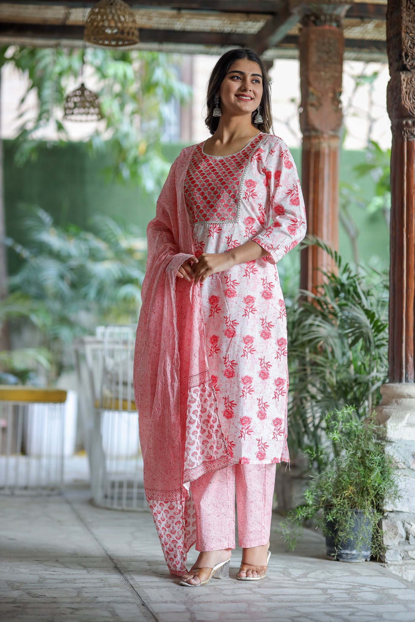 Peach Embroidered Cotton Suit Set