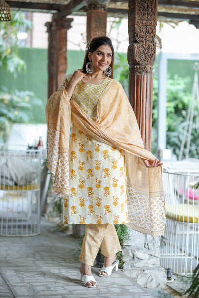 Yellow Embroidered Cotton Suit Set