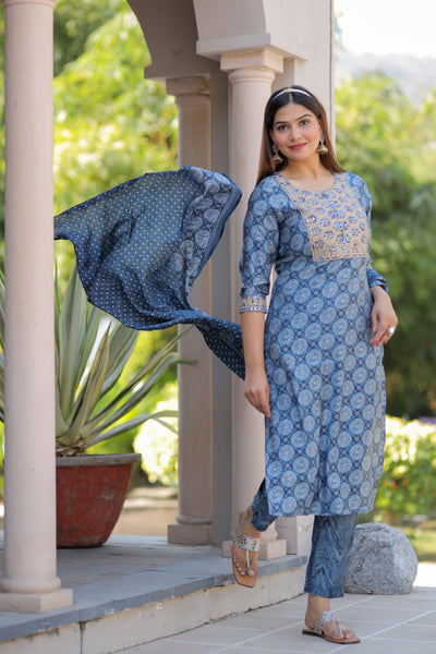 Blue Embroidered Muslin Suit Set