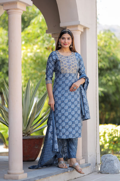 Blue Embroidered Muslin Suit Set