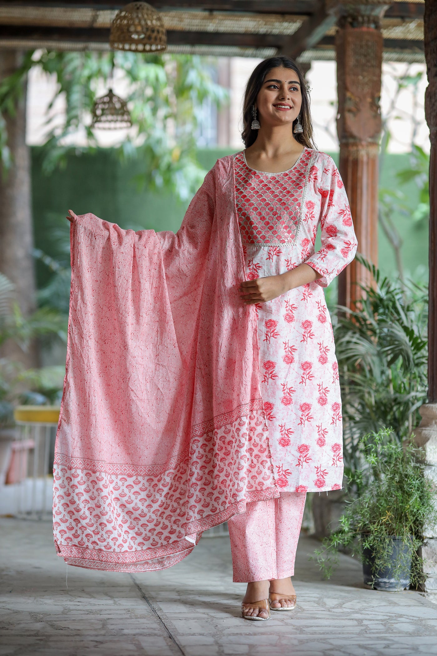 Peach Embroidered Cotton Suit Set