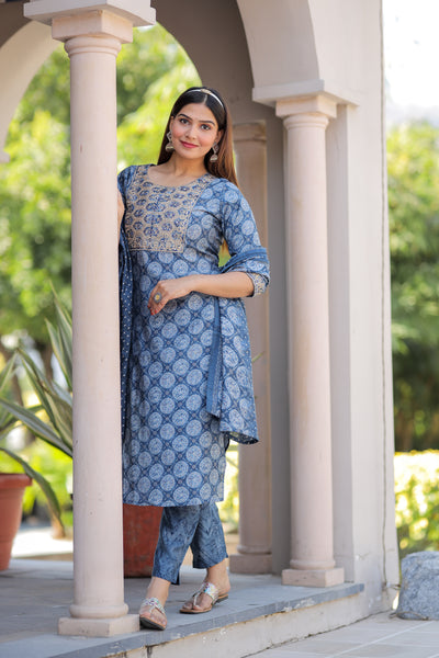 Blue Embroidered Muslin Suit Set