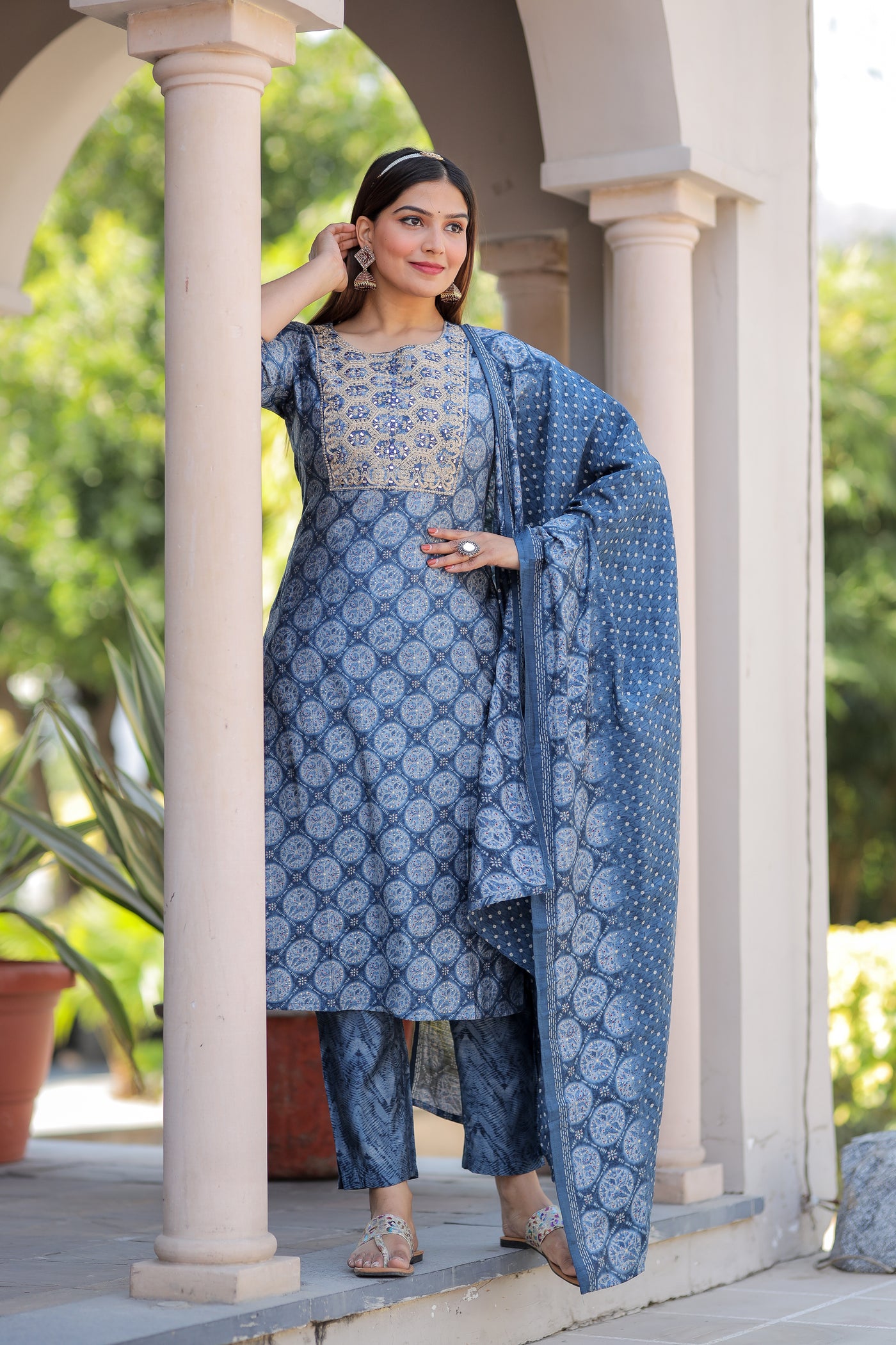 Blue Embroidered Muslin Suit Set