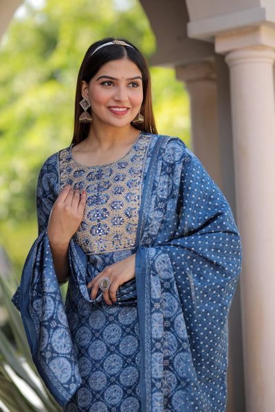 Blue Embroidered Muslin Suit Set