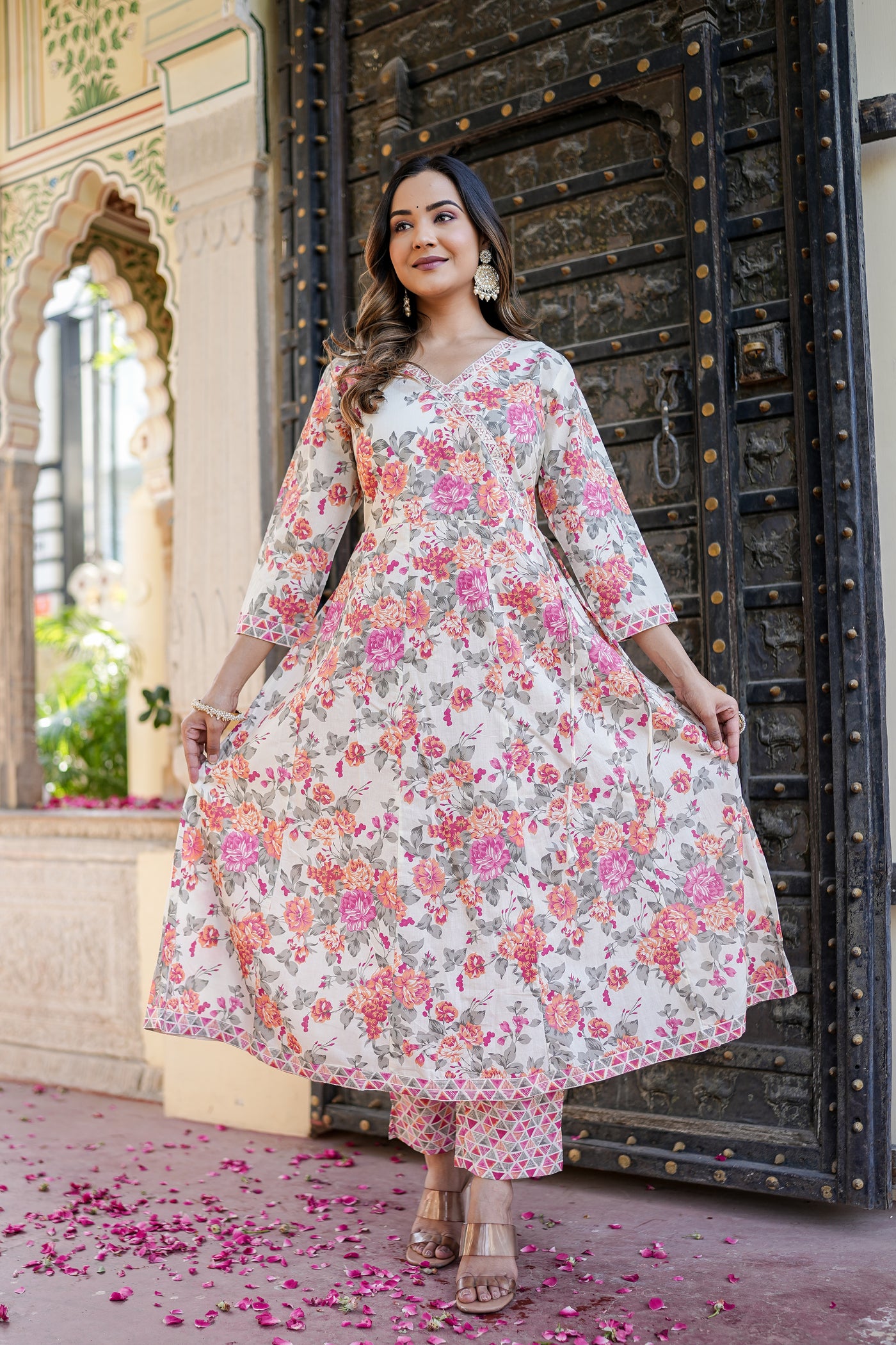 Three-Piece Flower Print Anarkali Cotton Kurta Set with Dupatta