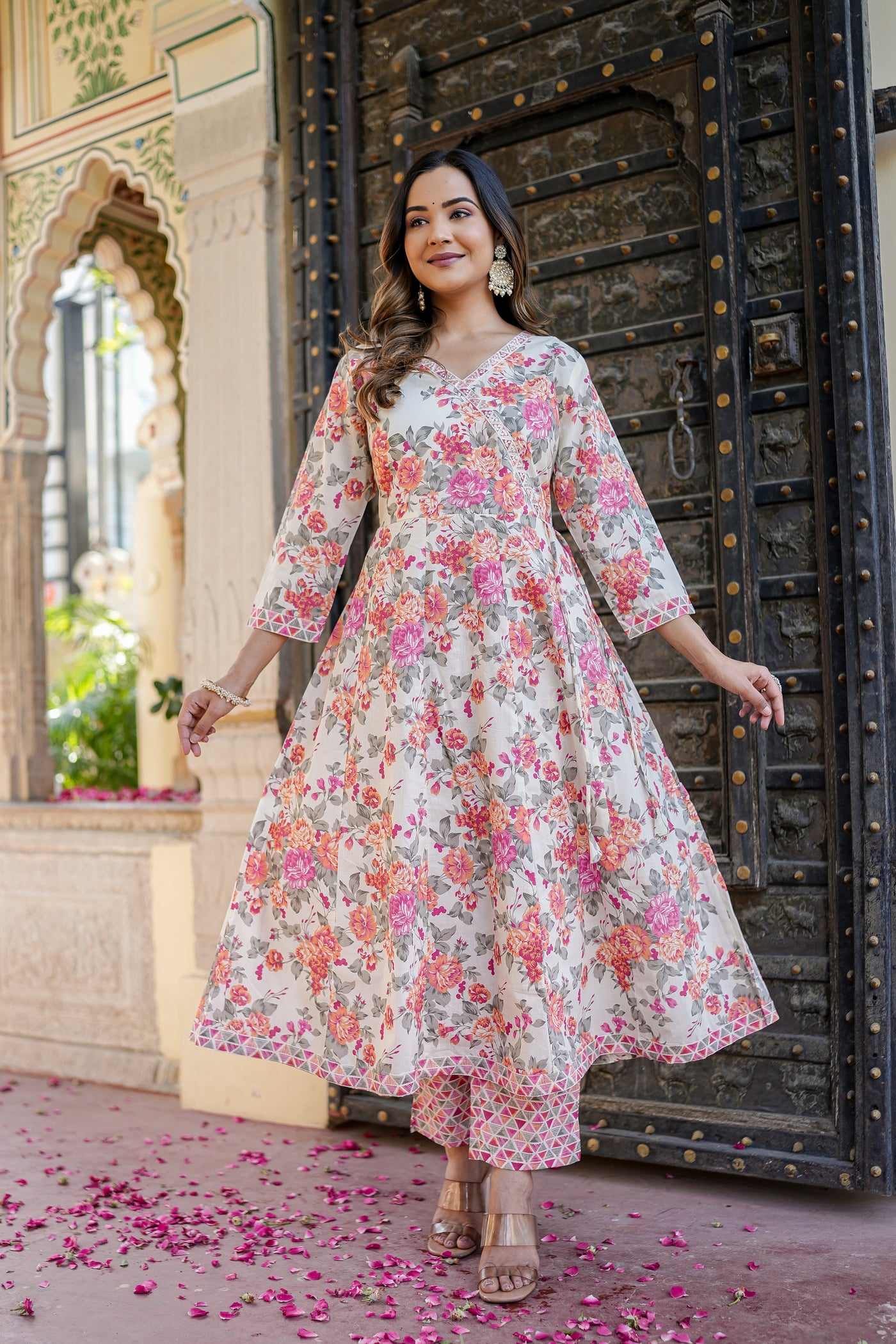 Three-Piece Flower Print Anarkali Cotton Kurta Set with Dupatta