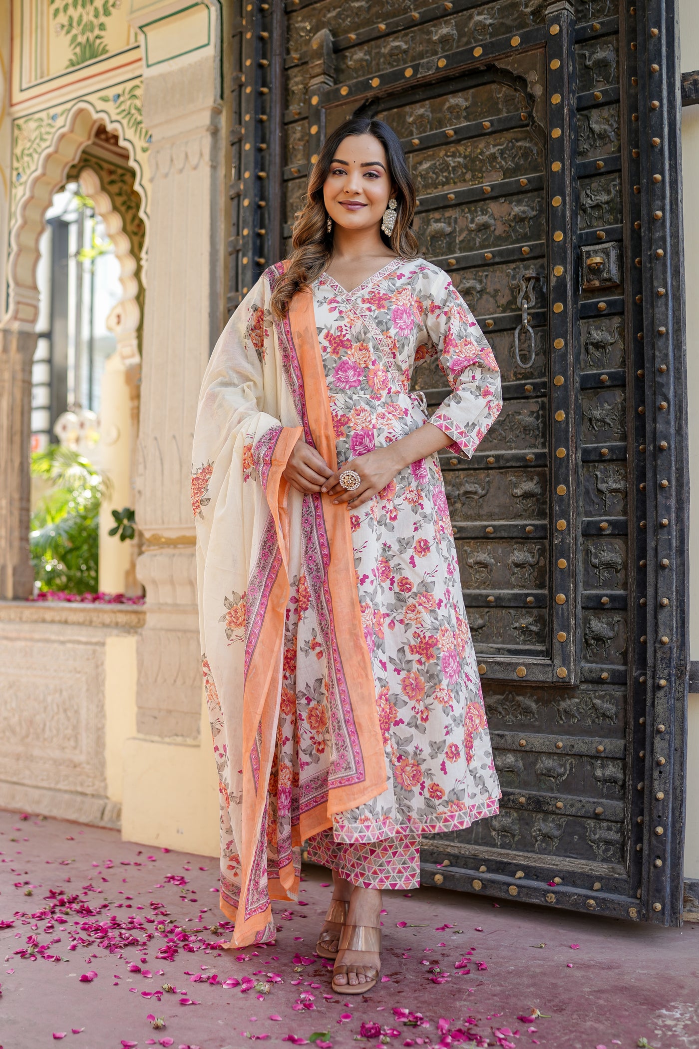 Three-Piece Flower Print Anarkali Cotton Kurta Set with Dupatta