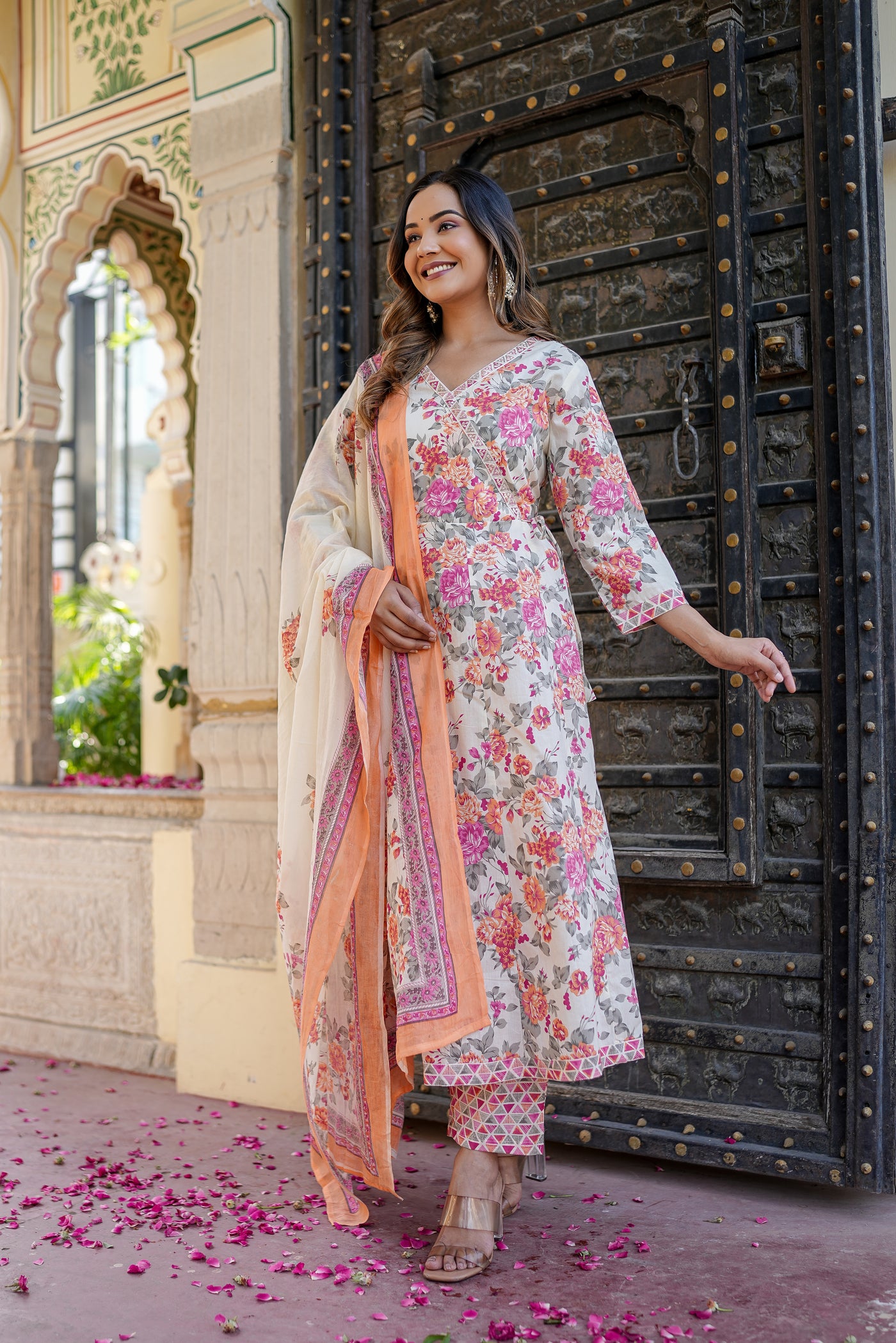 Three-Piece Flower Print Anarkali Cotton Kurta Set with Dupatta