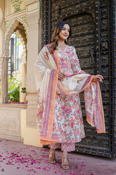 Three-Piece Flower Print Anarkali Cotton Kurta Set with Dupatta