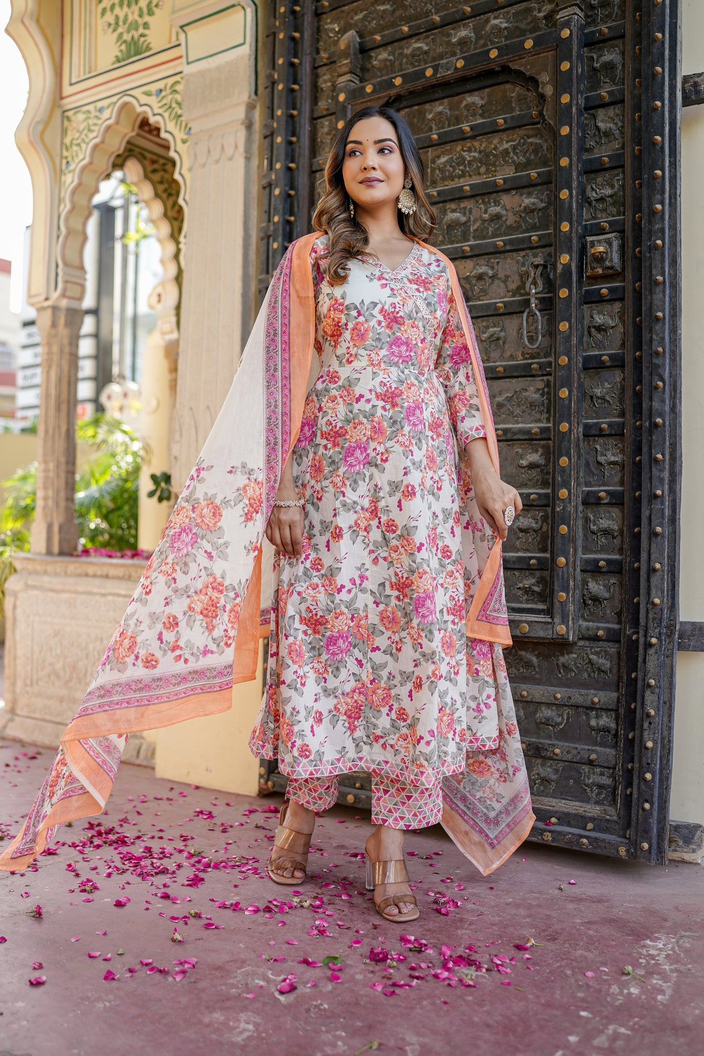 Three-Piece Flower Print Anarkali Cotton Kurta Set with Dupatta