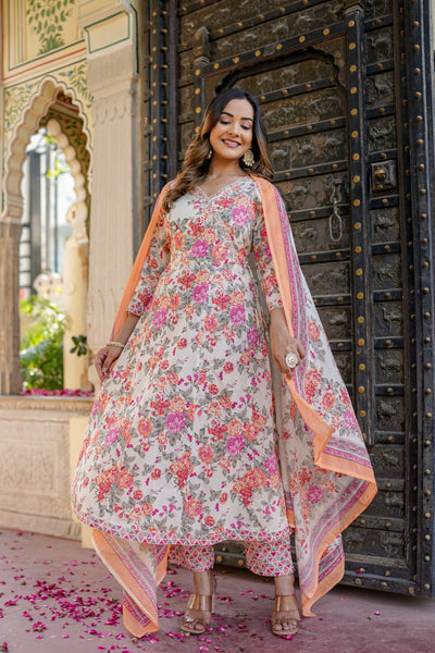 Three-Piece Flower Print Anarkali Cotton Kurta Set with Dupatta