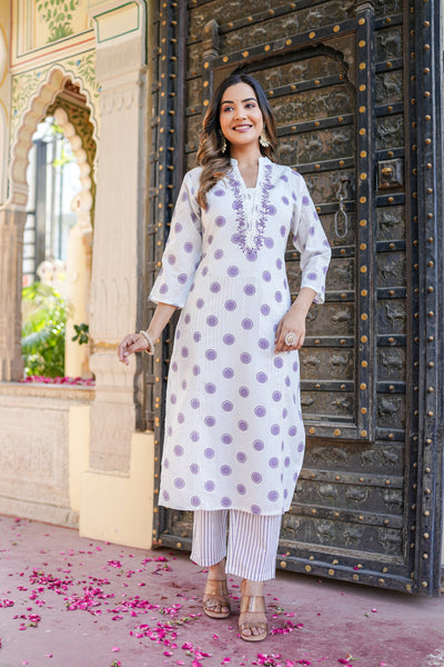 Purple Polka Print Cotton Kurta Set with Dupatta