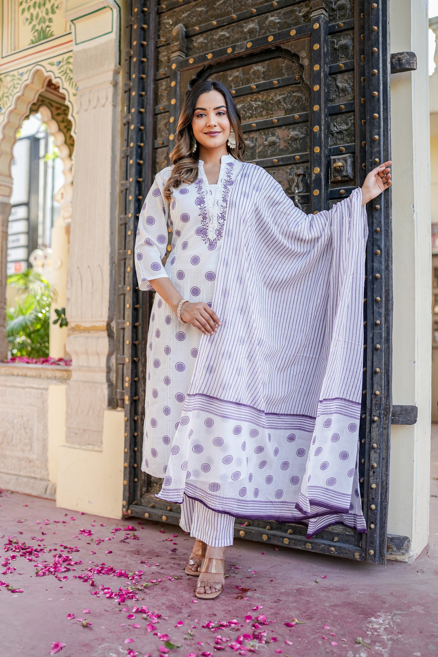 Purple Polka Print Cotton Kurta Set with Dupatta