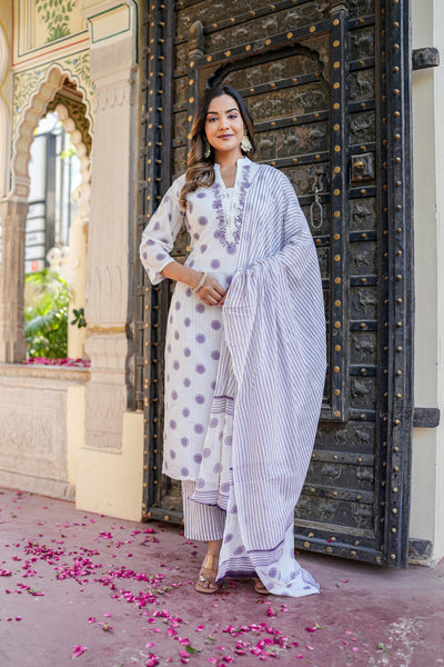 Purple Polka Print Cotton Kurta Set with Dupatta