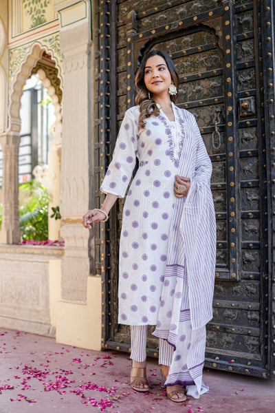 Purple Polka Print Cotton Kurta Set with Dupatta