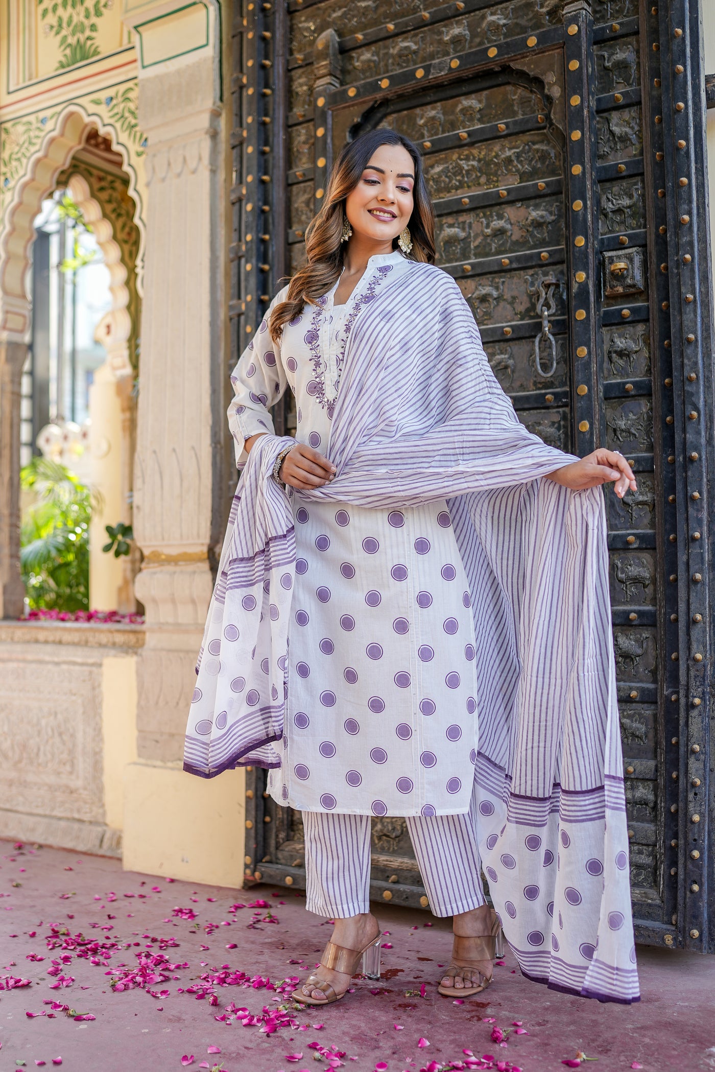 Purple Polka Print Cotton Kurta Set with Dupatta