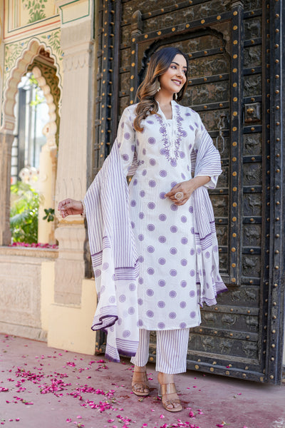 Purple Polka Print Cotton Kurta Set with Dupatta