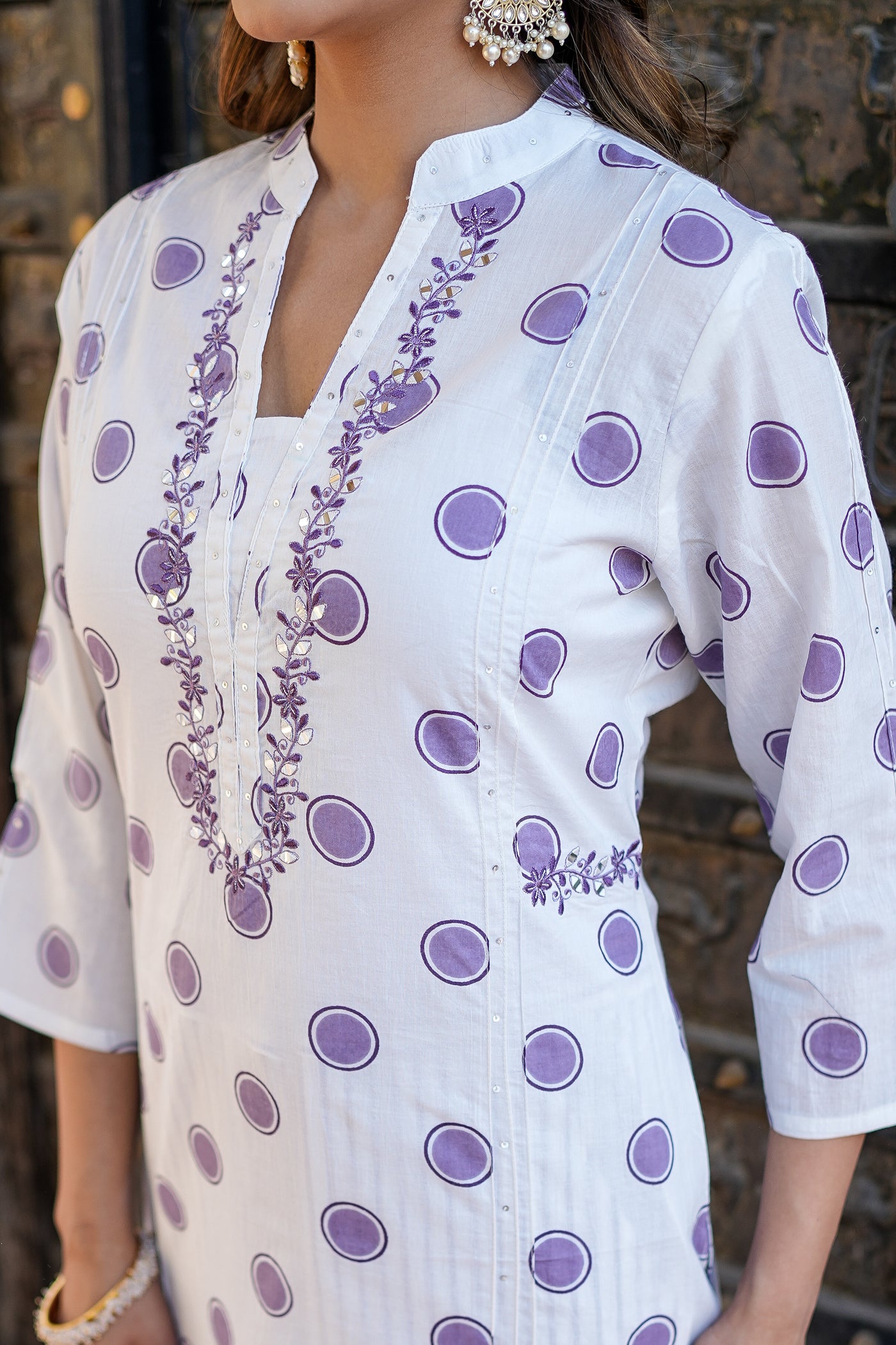 Purple Polka Print Cotton Kurta Set with Dupatta