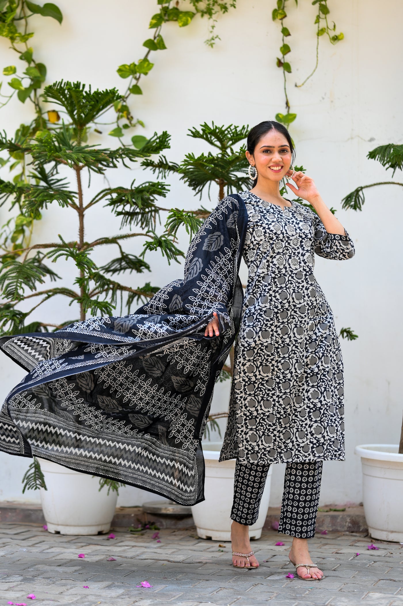 Black Floral Embroidered Cotton Kurta Set with Dupatta