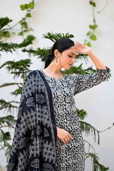 Black Floral Embroidered Cotton Kurta Set with Dupatta