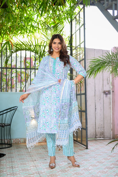 Three-Piece Lavender Embroidered Cotton Kurta Set with Dupatta