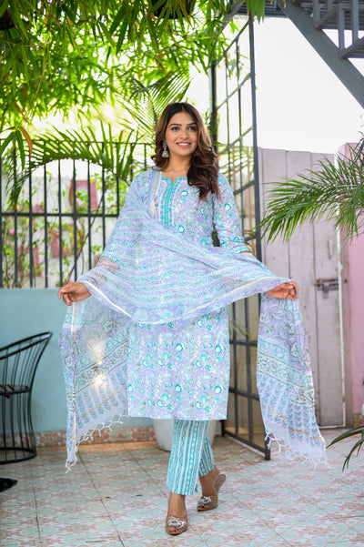 Three-Piece Lavender Embroidered Cotton Kurta Set with Dupatta