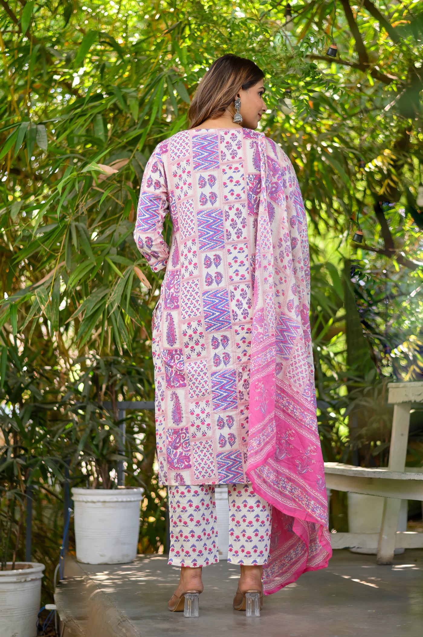 Pink Printed On Cream Hand Work Cotton Kurta Set with Dupatta