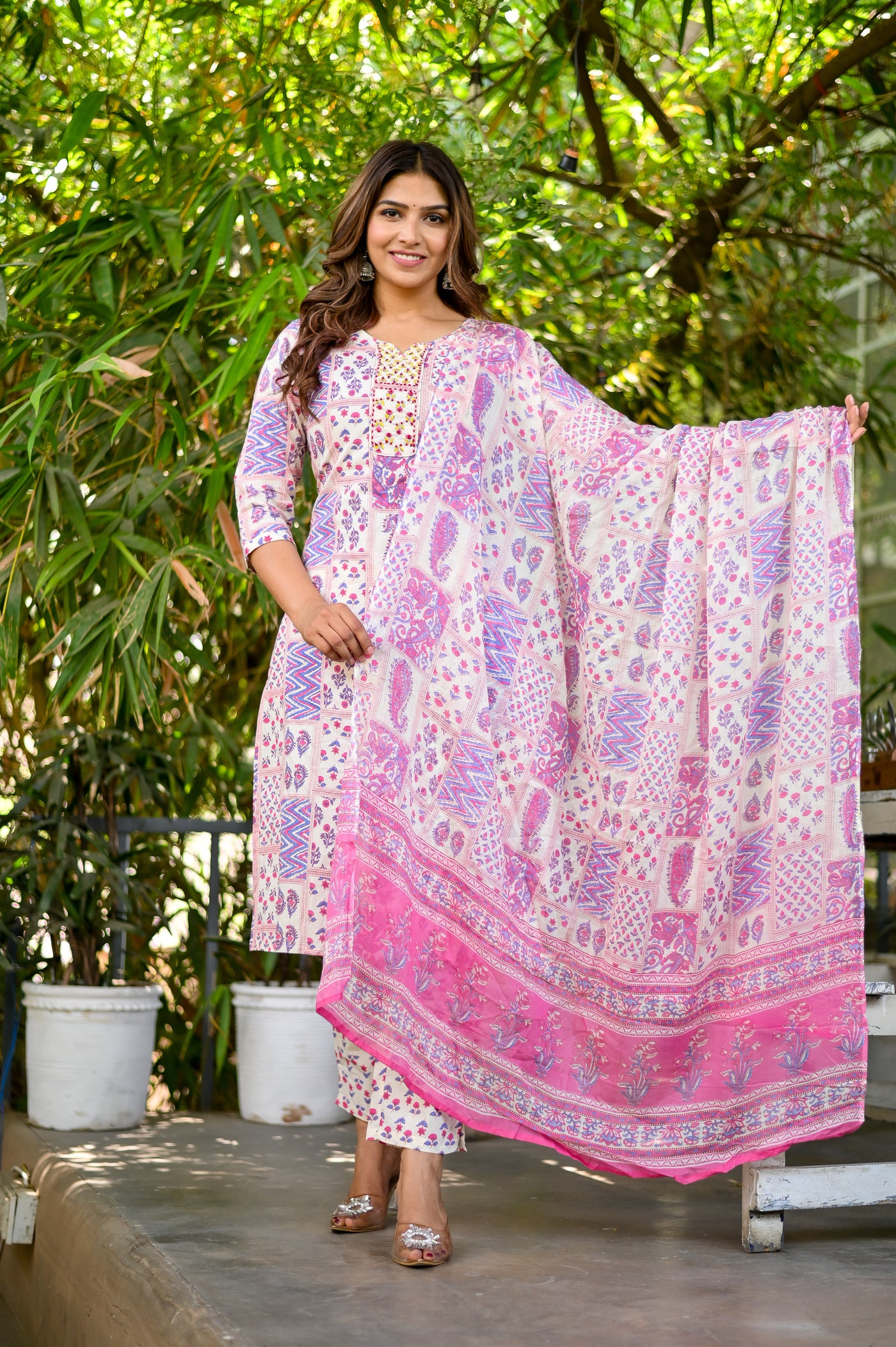 Pink Printed On Cream Hand Work Cotton Kurta Set with Dupatta