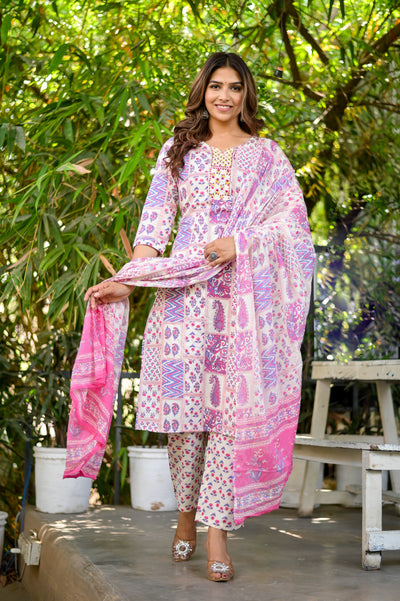 Pink Printed On Cream Hand Work Cotton Kurta Set with Dupatta