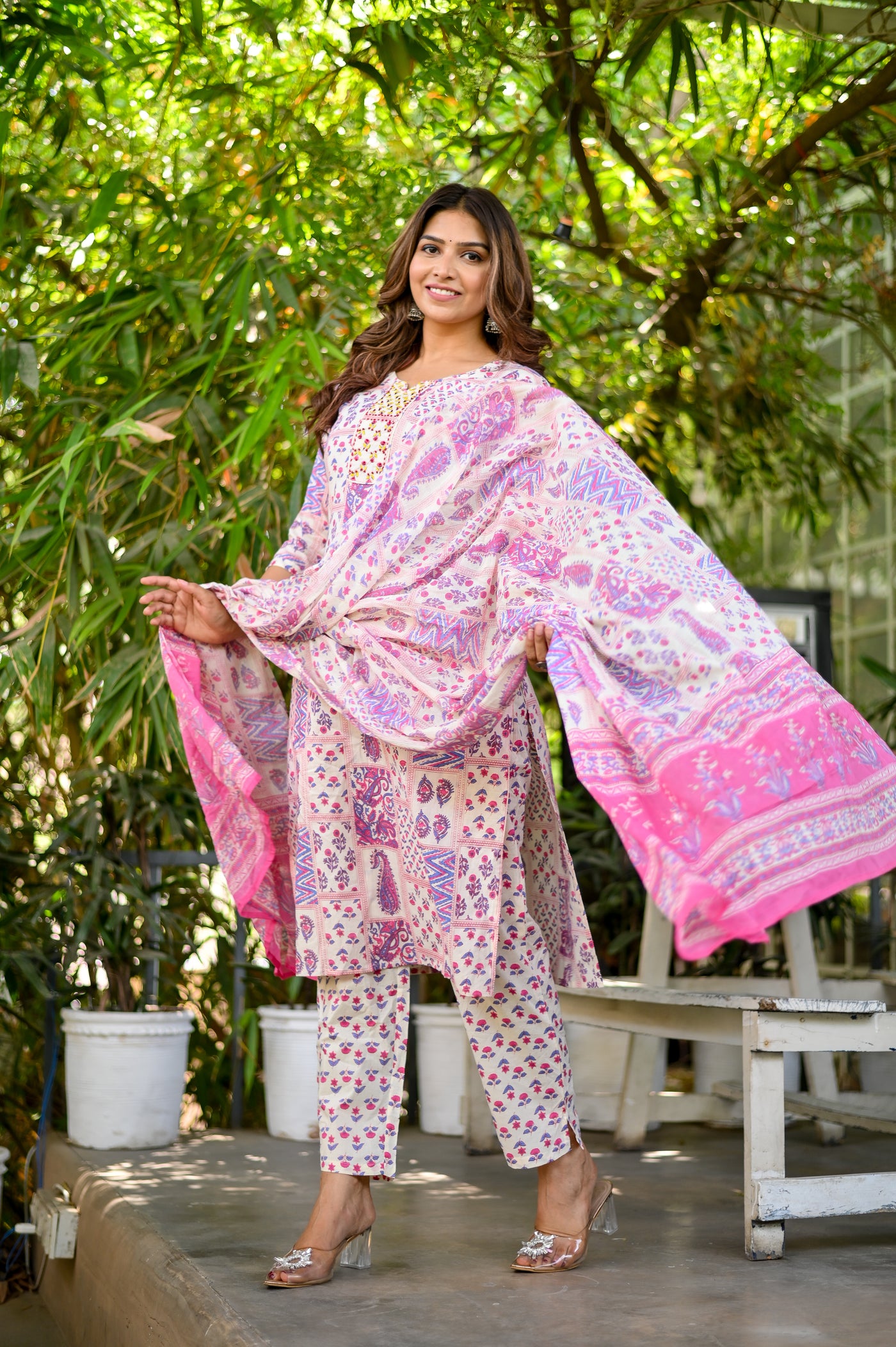 Pink Printed On Cream Hand Work Cotton Kurta Set with Dupatta