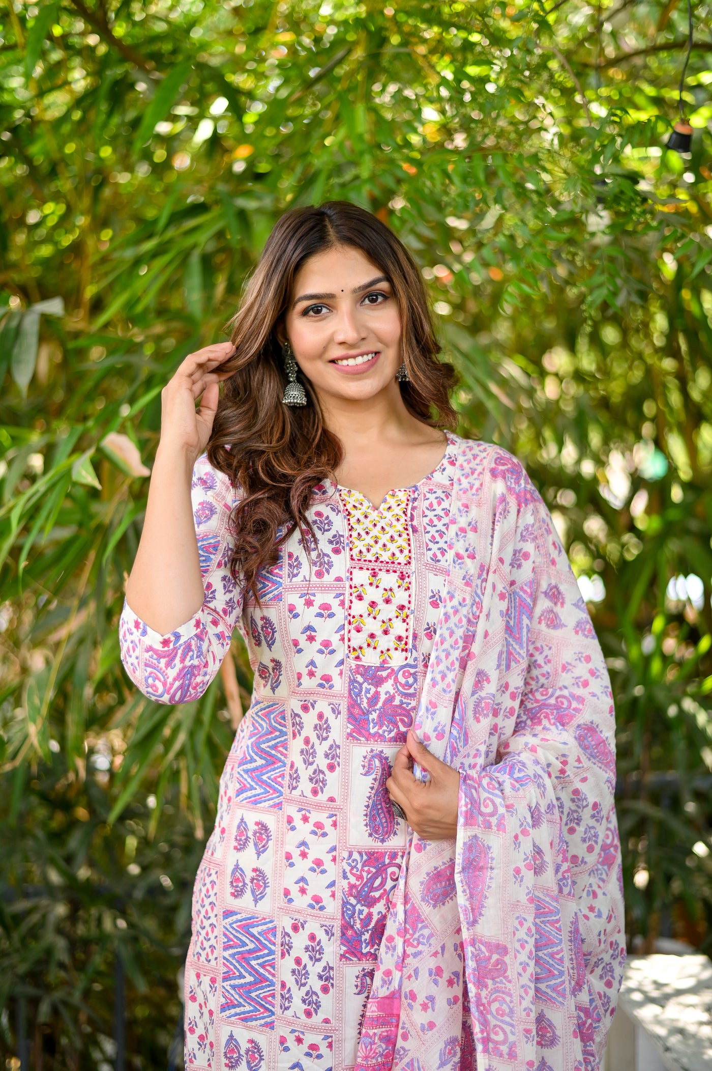 Pink Printed On Cream Hand Work Cotton Kurta Set with Dupatta