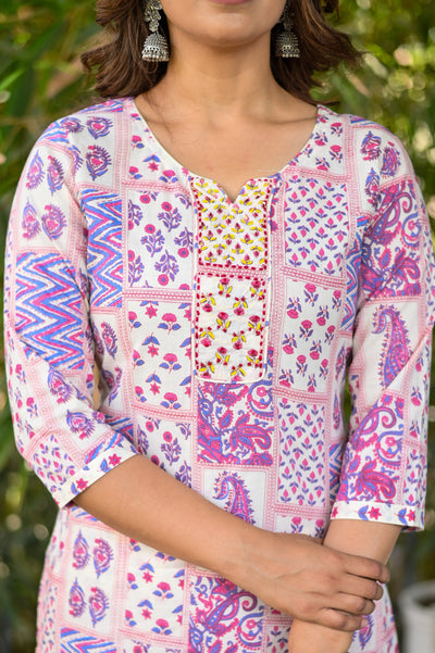 Pink Printed On Cream Hand Work Cotton Kurta Set with Dupatta