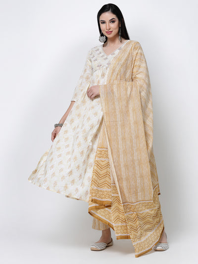 Cream Embroidered Cotton Alia Cut Kurta Set With Dupatta