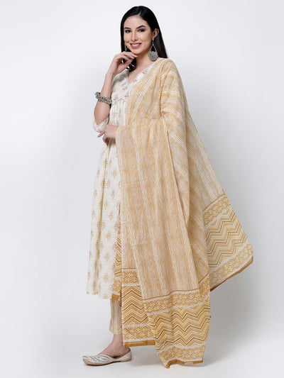 Cream Embroidered Cotton Alia Cut Kurta Set With Dupatta