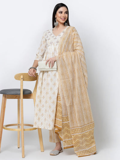 Cream Embroidered Cotton Alia Cut Kurta Set With Dupatta