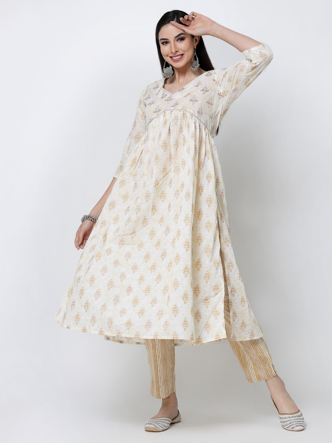 Cream Embroidered Cotton Alia Cut Kurta Set With Dupatta