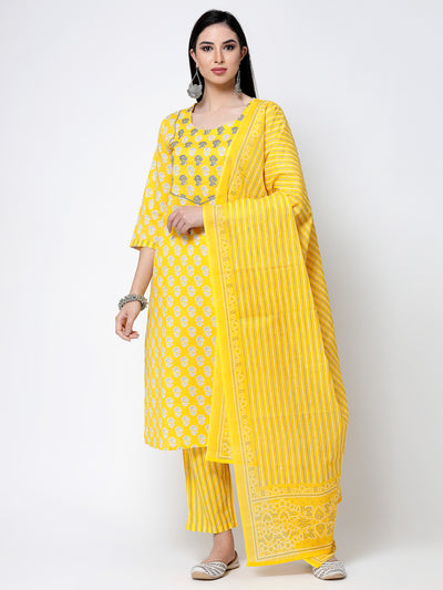 Yellow Embroidered Cotton Suit Set