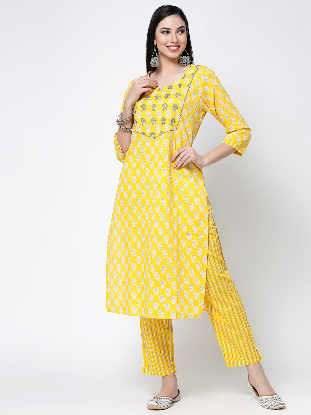 Yellow Embroidered Cotton Suit Set