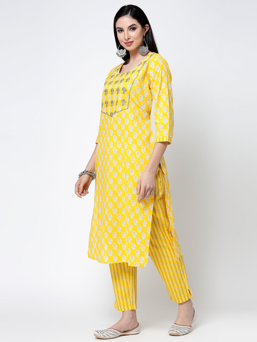 Yellow Embroidered Cotton Suit Set