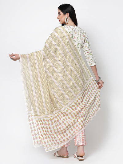 Cream Printed Cotton Kurta Set With Dupatta