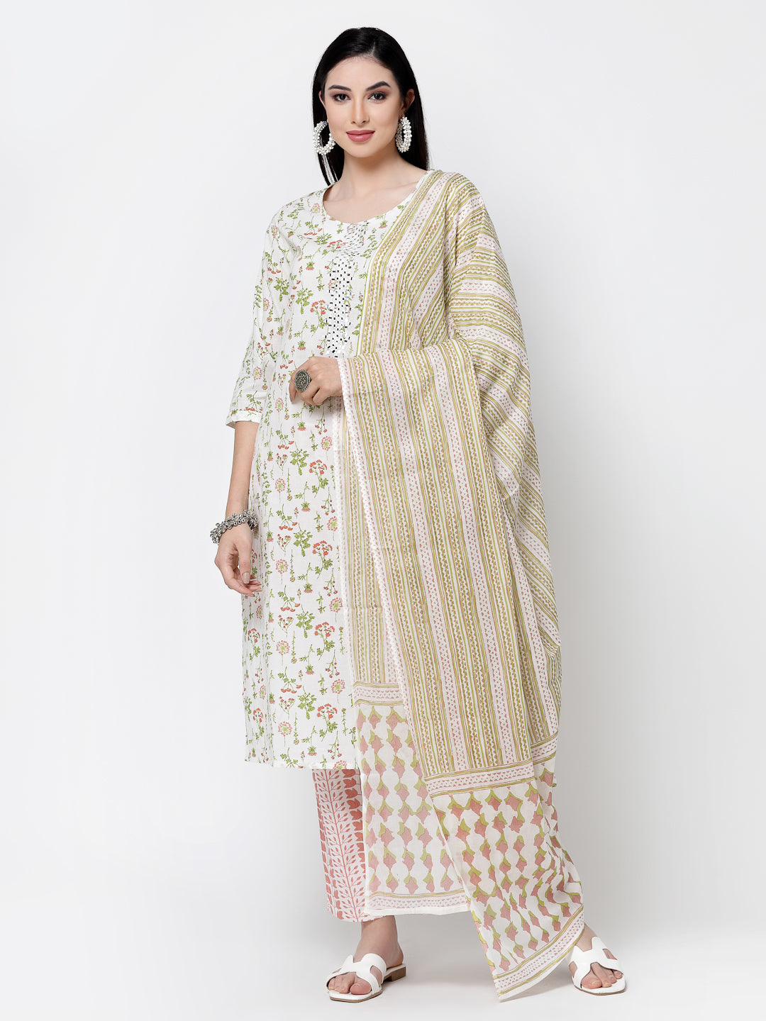 Cream Printed Cotton Kurta Set With Dupatta